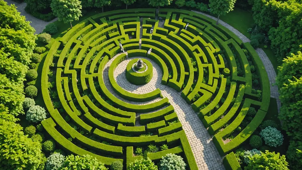 Bird's eye view of a labyrinthine garden pathway
