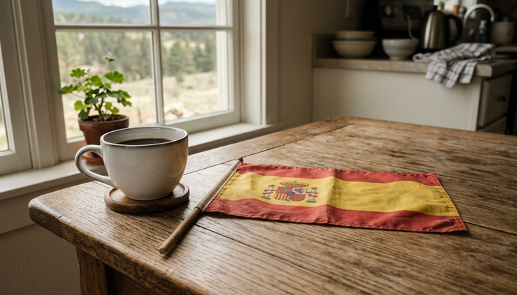 Eye-level view of a Spanish flag on a kitchen table beside a cup of coffee in Colorado.