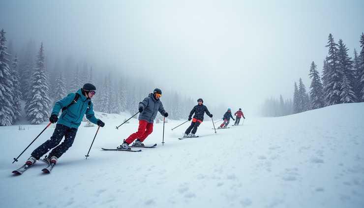 Wide angle view of Colorado Rocky Mountains with skiers training on snowy slopes