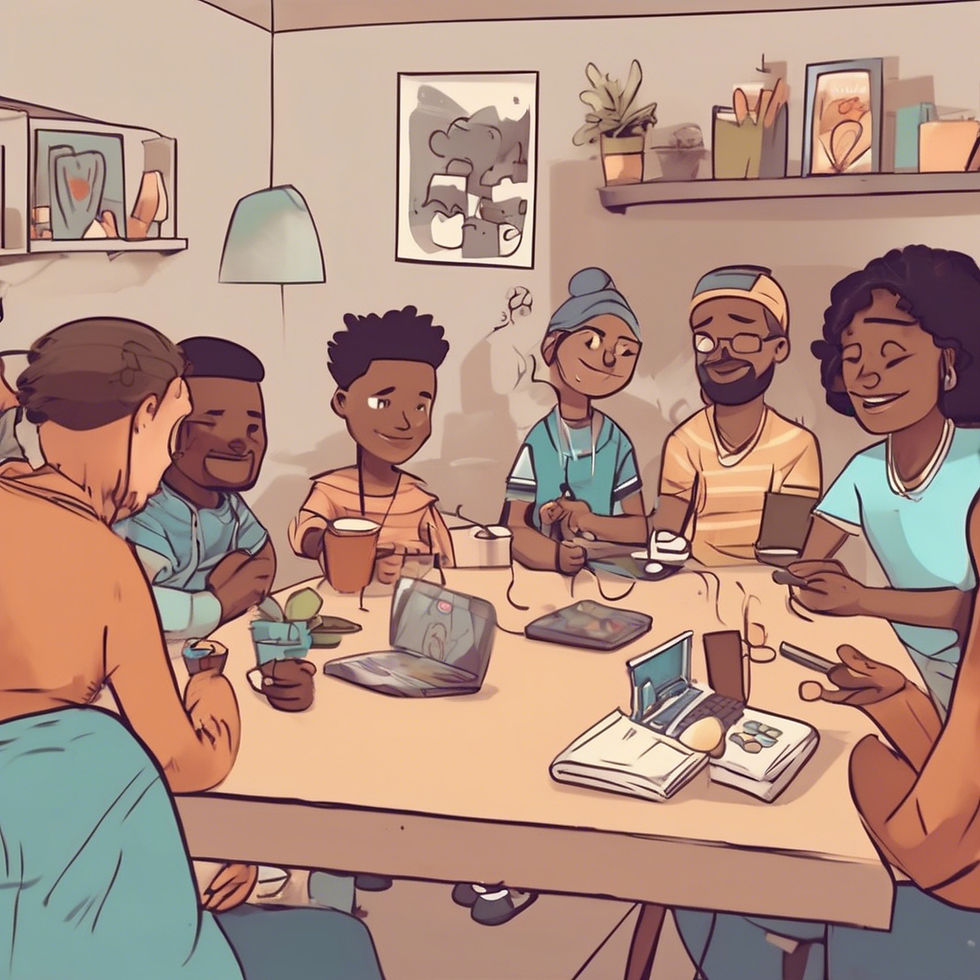 A group of friends engages in a multiplayer gaming session, fostering social bonds and providing support and encouragement, highlighting the power of communal experiences in emotional recovery.