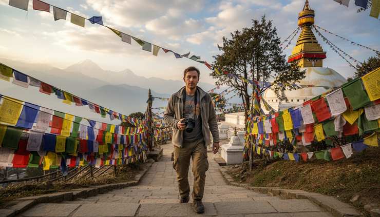 Eye-level view of a creator with a small camera walking along stone steps near a hilltop stupa in Kathmandu.