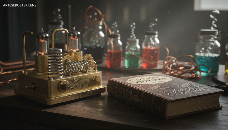 Close-up of a brass laboratory instrument beside a worn copy of a nineteenth-century science novel