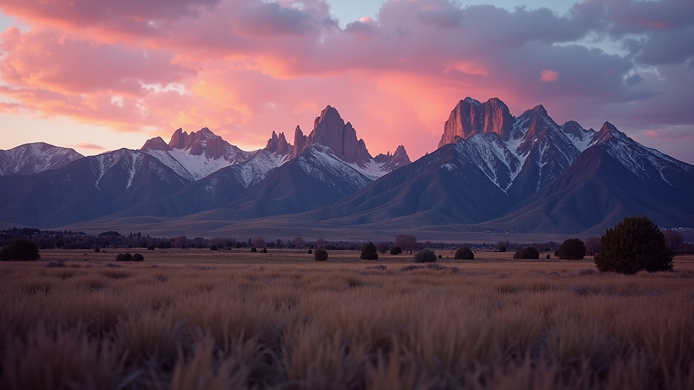 Wide angle view of the Flatirons at dusk, enveloped in a surreal color palette