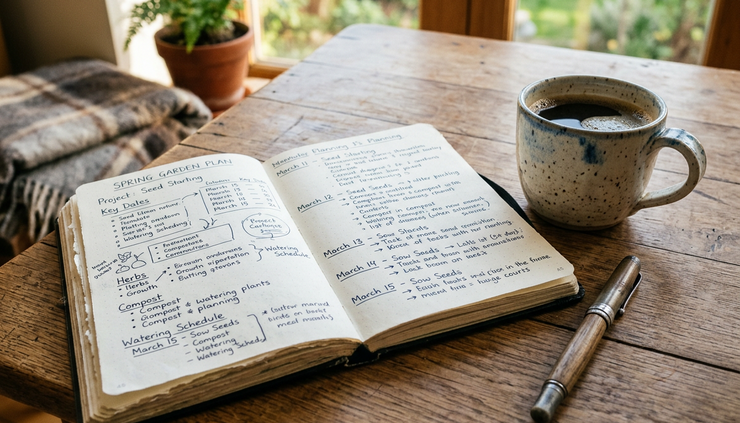 Close-up view of a notebook with handwritten ideas beside a cup of coffee.