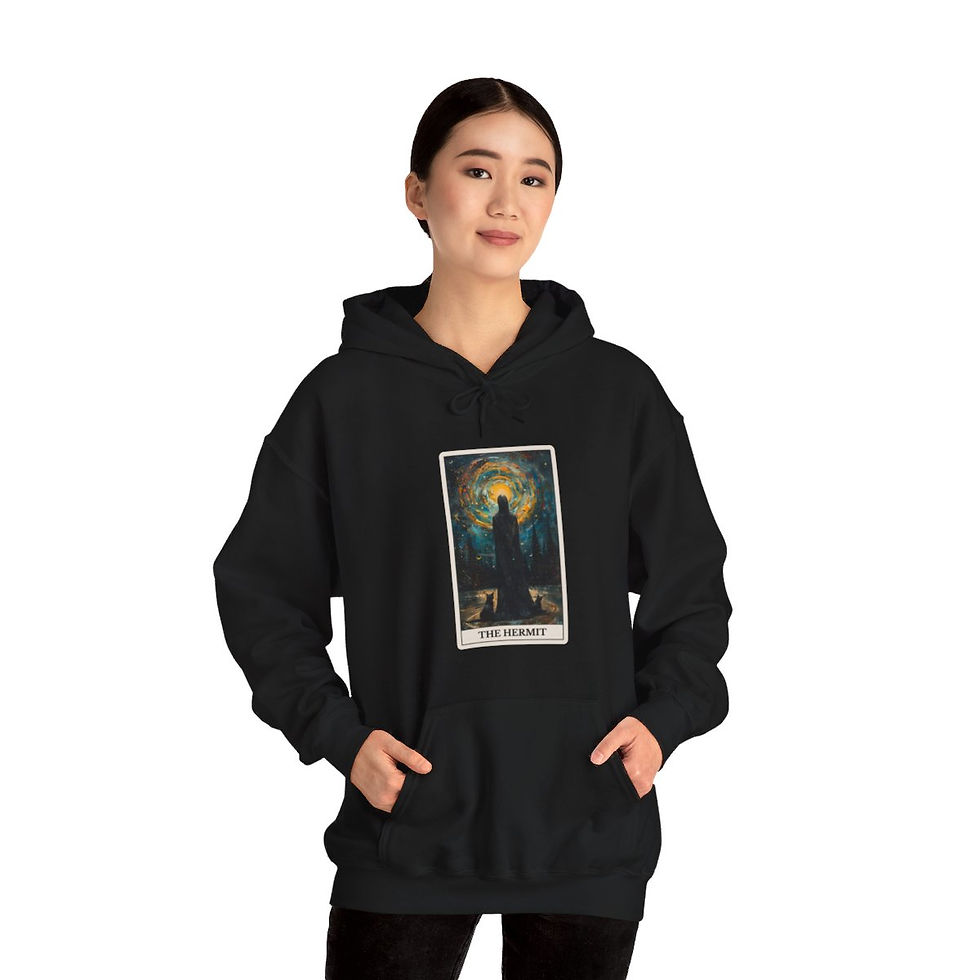 Thumbnail: The Hermit Tarot card with cats hoodie for tarot lovers and cat lovers alike
