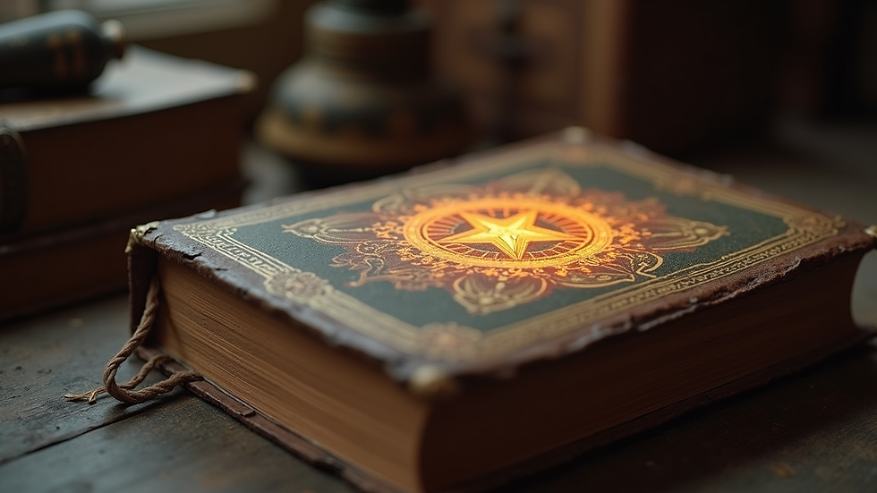 Close-up view of a vintage book with a glowing magical symbol on the cover