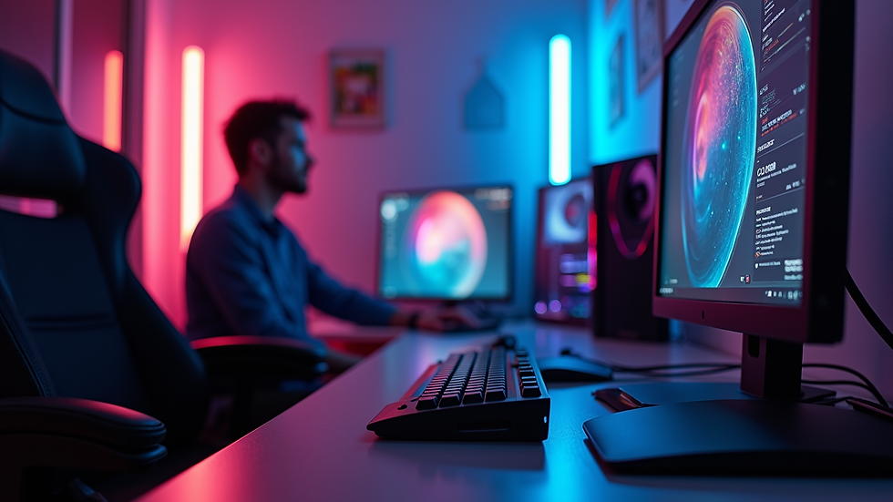 Eye-level view of a gaming PC setup with multiple monitors and RGB lighting