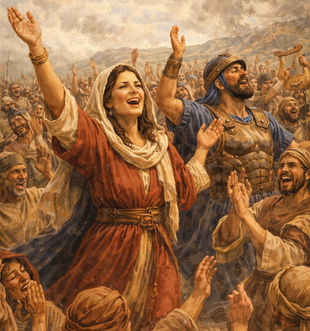 Débora e o povo de Israel cantando em louvor a Deus pela vitória