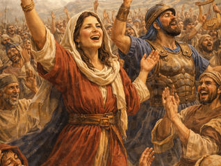 Débora e o povo de Israel cantando em louvor a Deus pela vitória