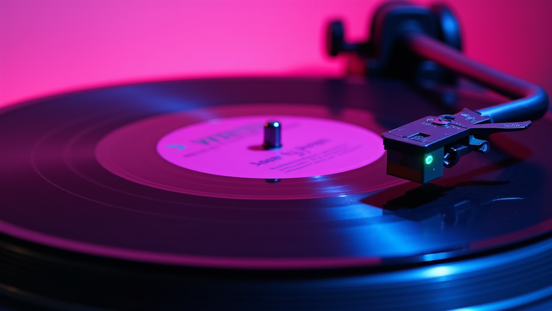 Turntable with a vinyl record spinning under pink and blue lights