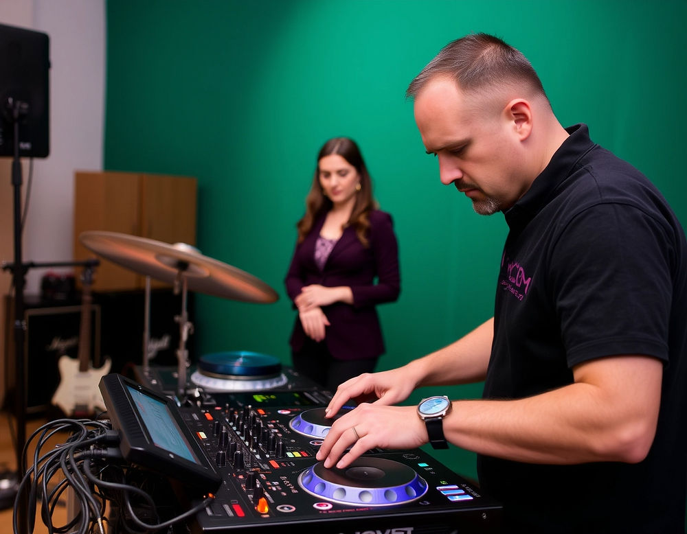 Man DJing, woman observing during professional DJ courses
