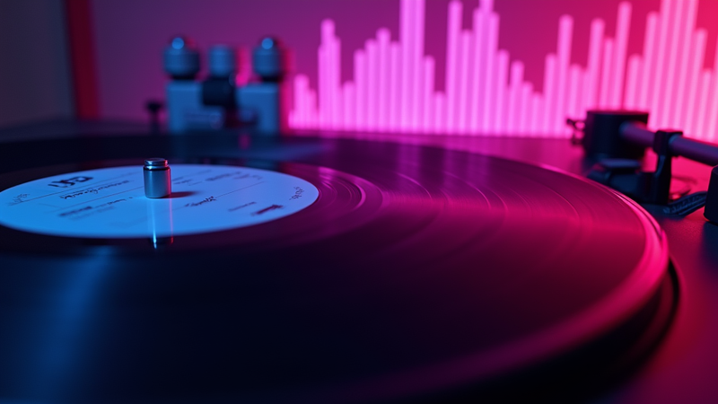 DJ turntable with vinyl record and neon equalizer
