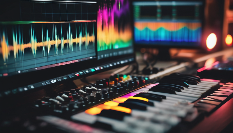 Music studio with keyboard, mixer, and audio waveforms