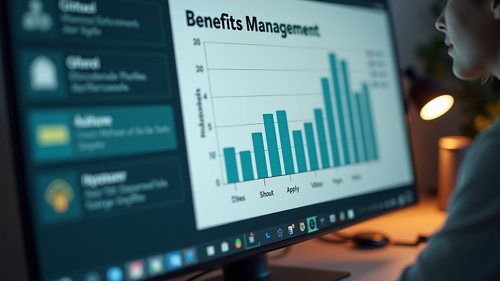 Close-up view of computer screen displaying benefits management software