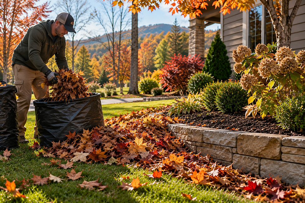 A professional landscaper is putting leaves into a trash bag.