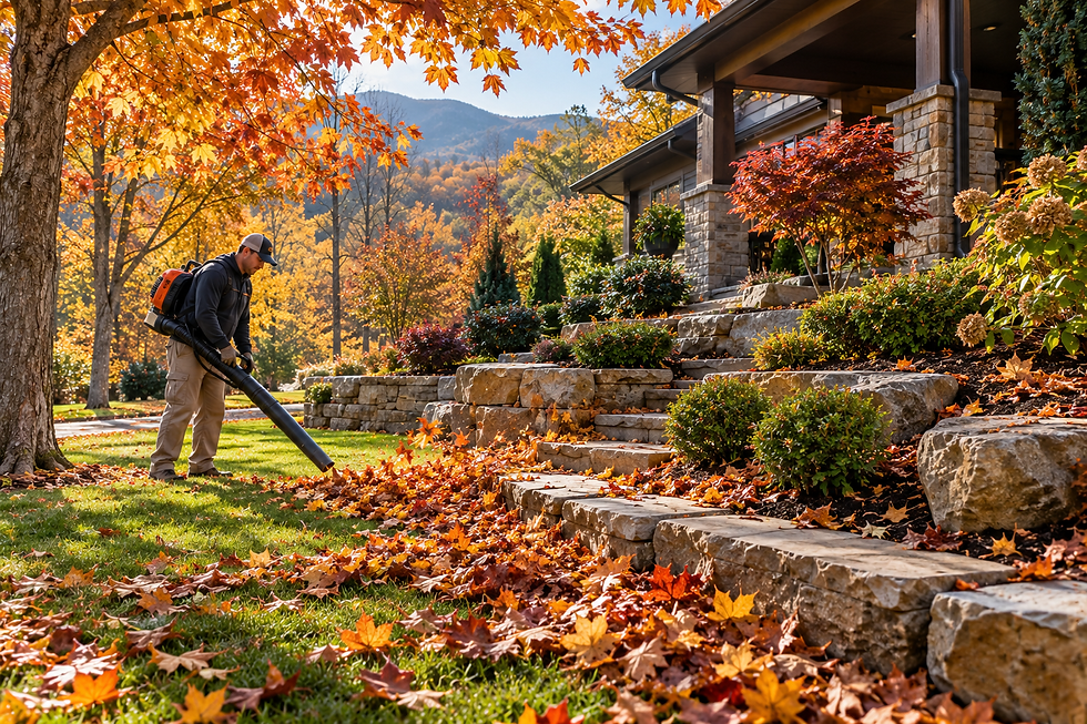 A professional landscaper is blowing leaves on a lovely NC property.