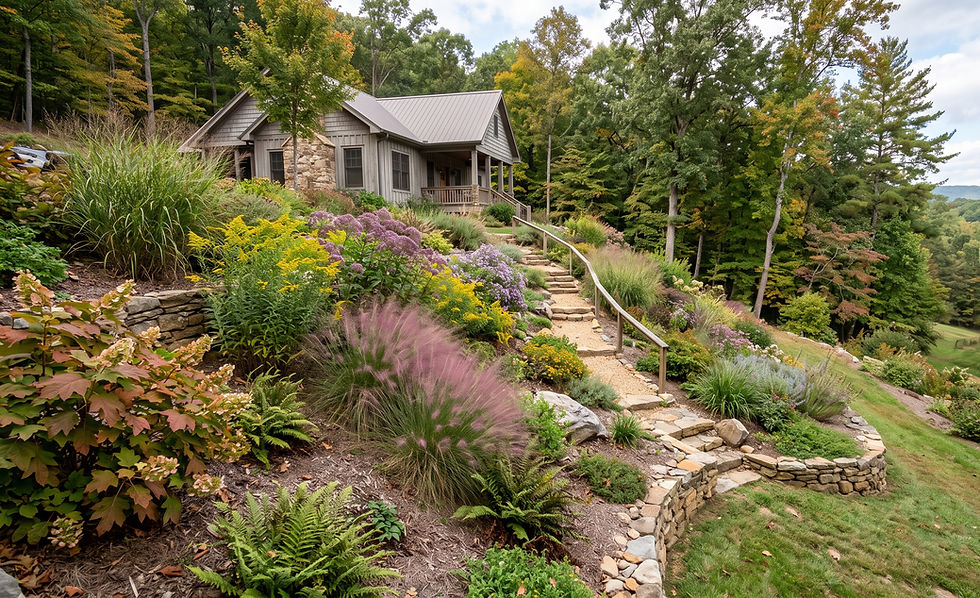 A NC home with a sloped yard is landscaped with retaining walls and native plants.
