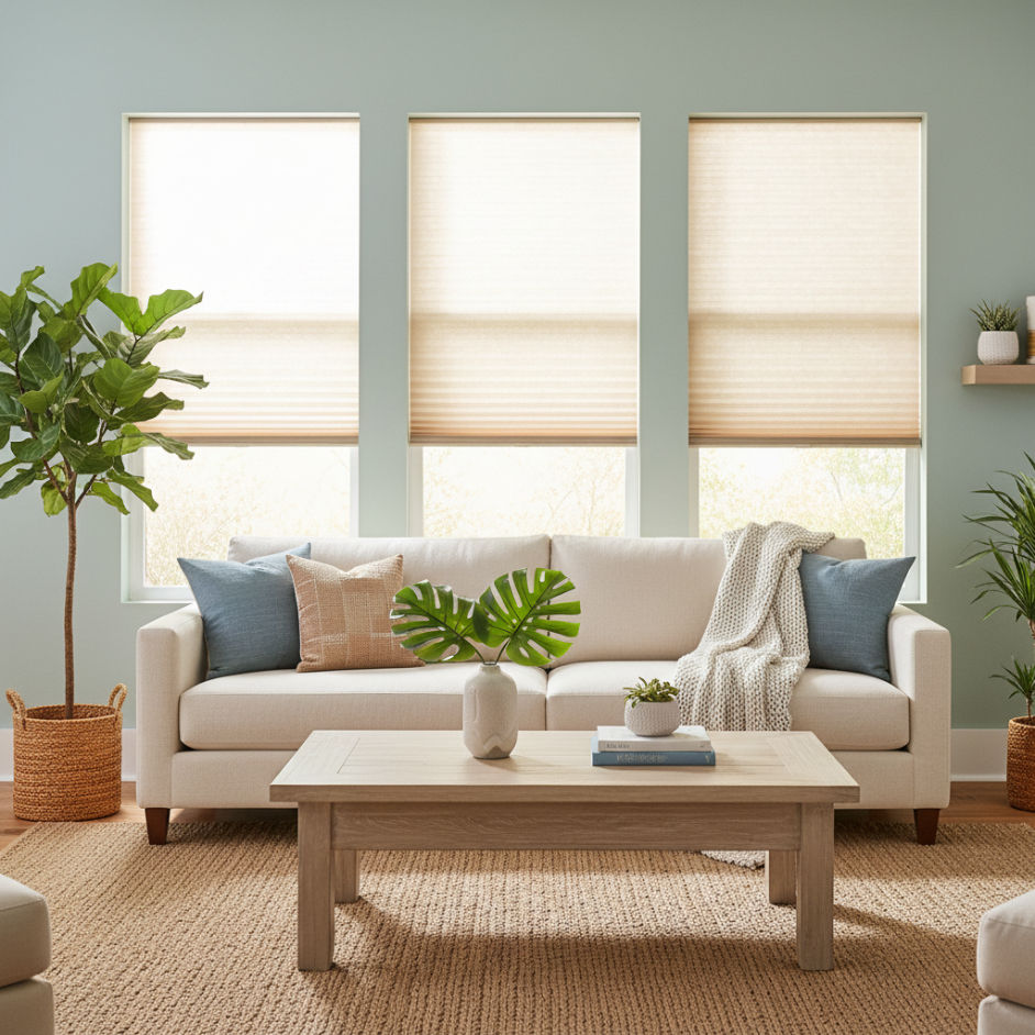 Cellular shades in a living room help to provide UV protection - vu window treatments, fl
