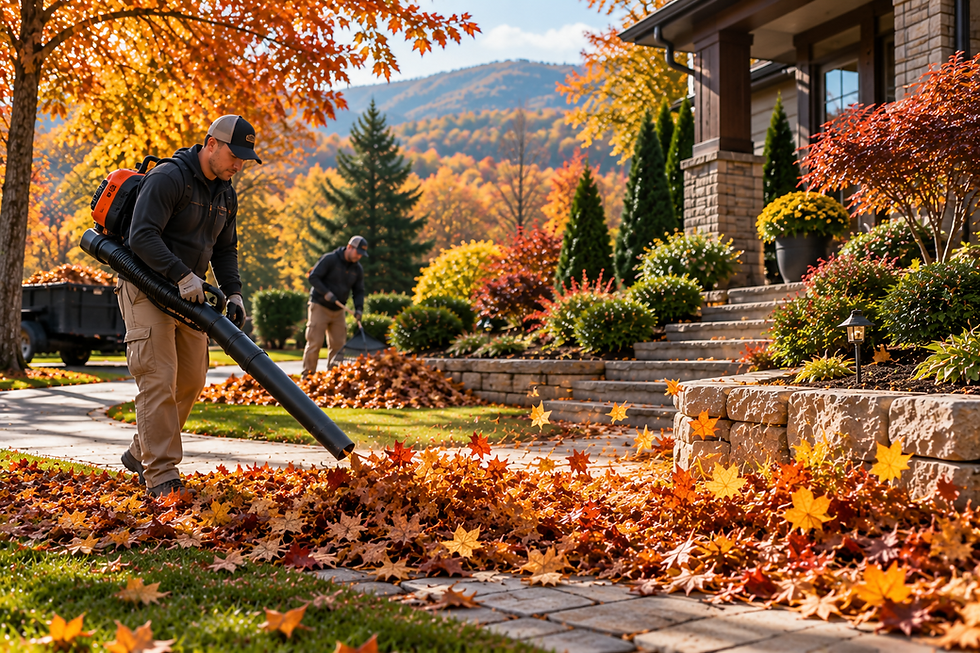 Two landscapers are at work cleaning up leaves on a beautiful autumn property.