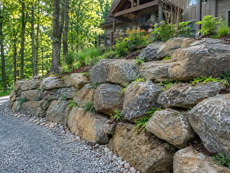 Close up of a boulder retaining wall around a mountain home.