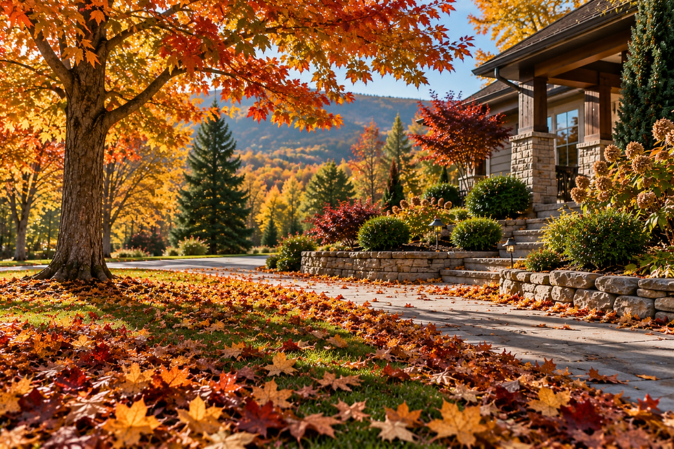 A beautiful house and property have autumn leaves on the grounds.