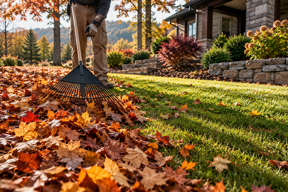 A landscaper is hand-raking leaves on a large property.