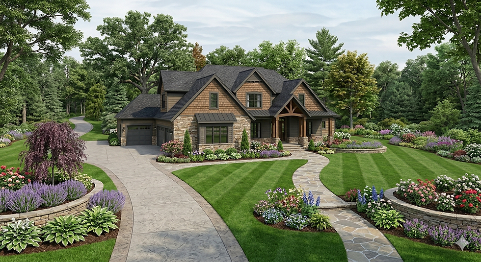 A lovely high-end home has a beautiful manicured yard in spring.