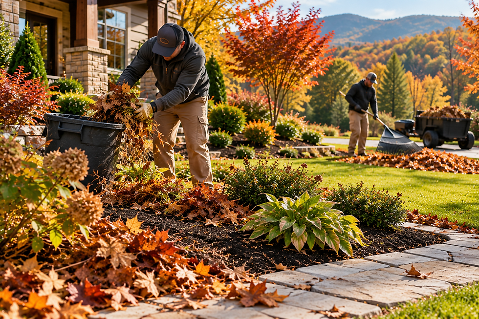 Two landscapers are working to clean up autumn leaves on a property.