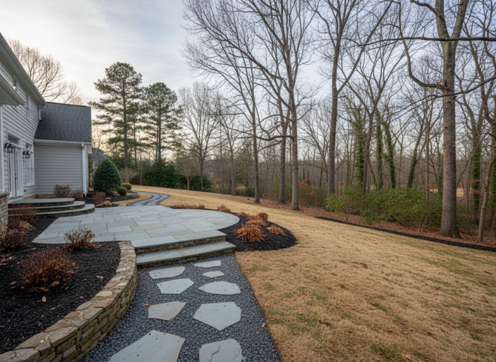 A white home is profiled, highlighting elegant stone masonry work for patio and walk way during the winter - solid ground outdoor, marion, nc