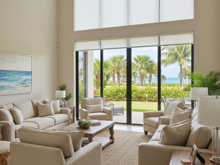 A comfortable living room in shades of white and cream have roller shades on the windows