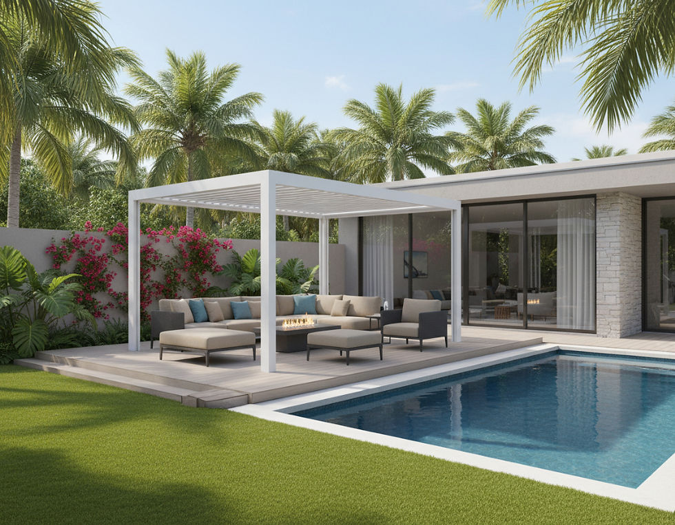 An outdoor patio by a pool has a KE pergola to provide a cozy poolside experience - vu window treatments, FL