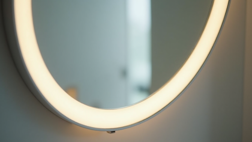 Close-up view of a round LED bathroom mirror with adjustable brightness settings