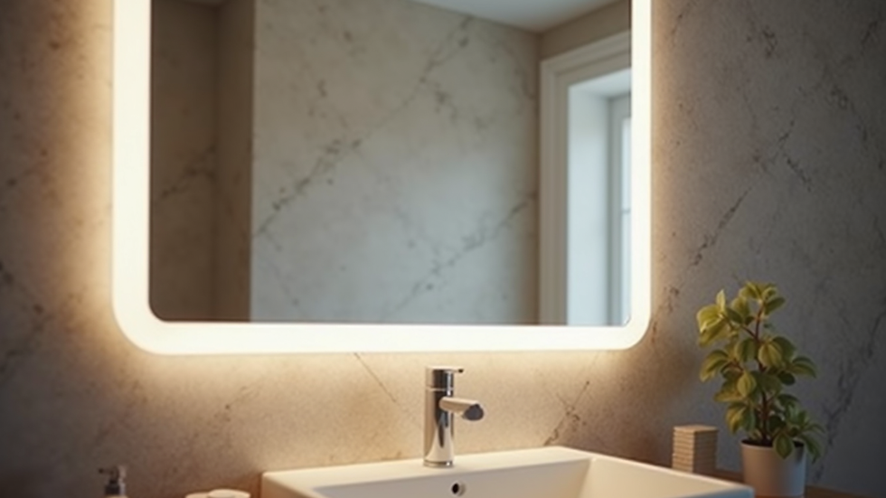 Eye-level view of a modern rectangular LED bathroom mirror with soft lighting