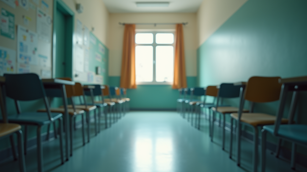 Eye-level view of a school corridor with empty classrooms