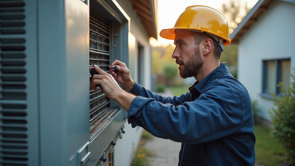 Eye-level view of HVAC technician inspecting a residential air conditioning unit