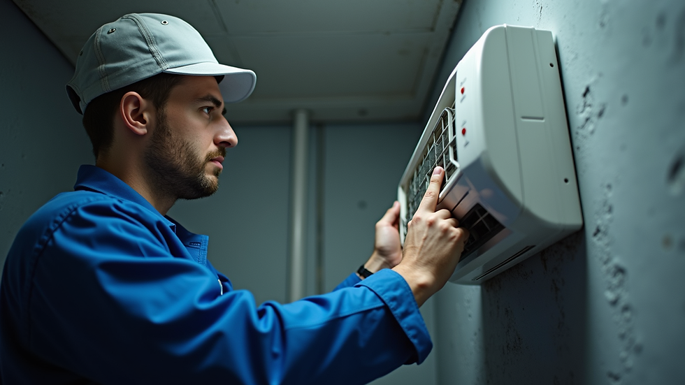 Eye-level view of HVAC technician inspecting indoor air handler