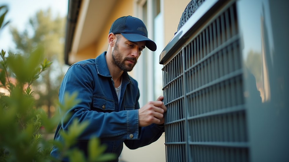 Eye-level view of HVAC technician inspecting a residential air conditioning unit