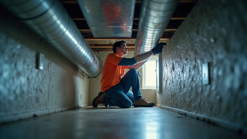 Eye-level view of HVAC technician inspecting air ducts