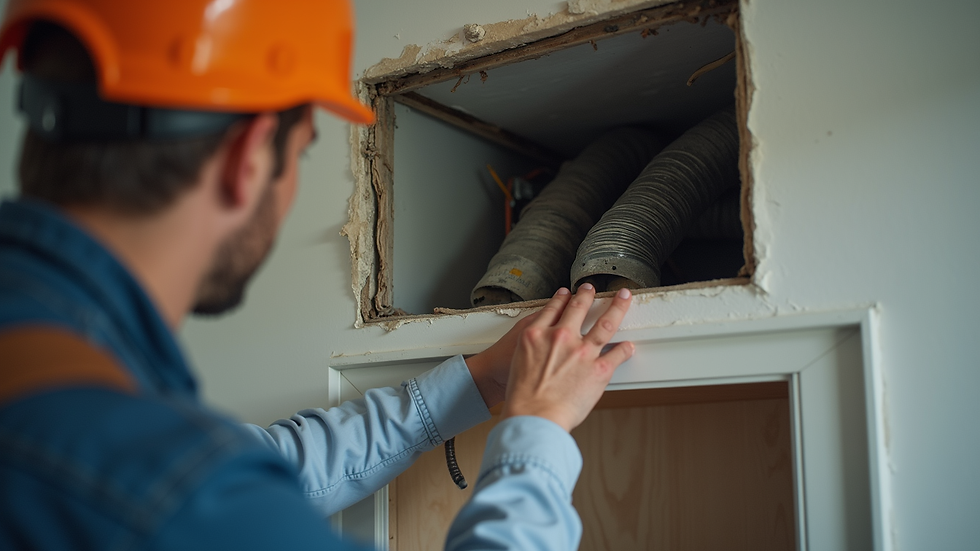 Eye-level view of HVAC technician inspecting air duct system in residential home
