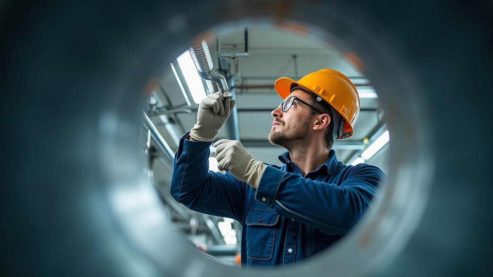 Eye-level view of HVAC technician inspecting air duct system