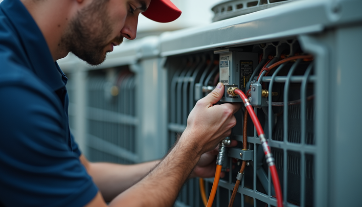 Close-up view of HVAC technician inspecting refrigerant lines on an air conditioning unit