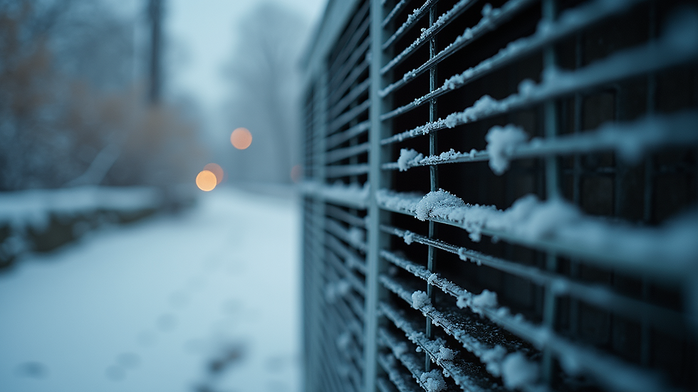 Close-up view of HVAC unit with frost buildup on coils