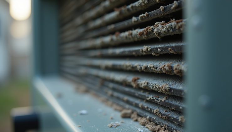 Eye-level view of a home air conditioning unit with visible condenser coils
