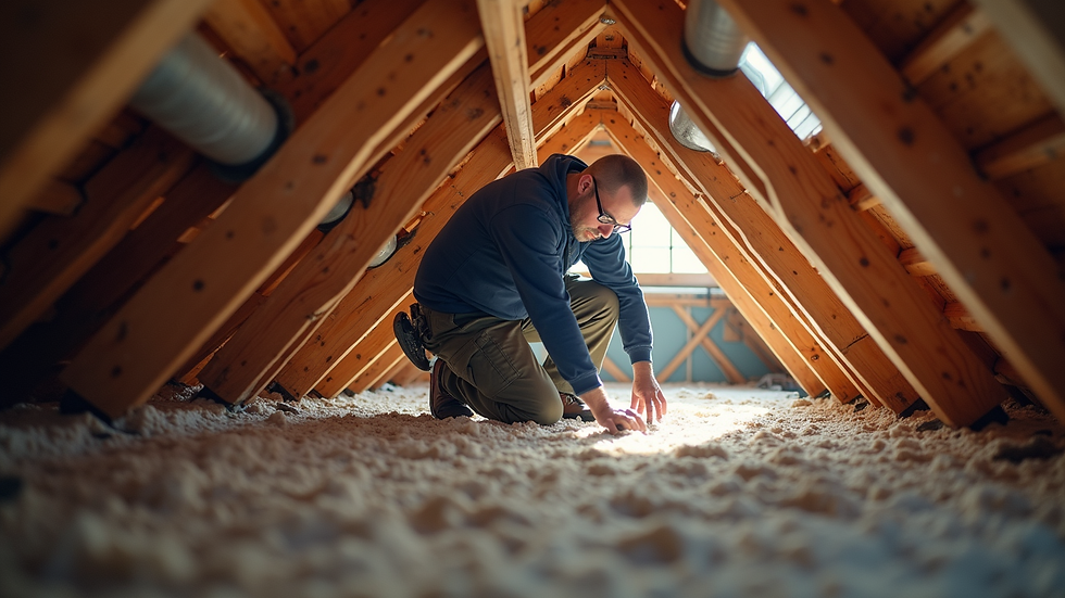 Eye-level view of HVAC technician inspecting air ducts in a residential attic