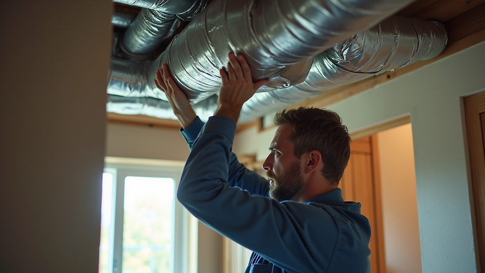 Eye-level view of HVAC technician inspecting air ducts in residential home