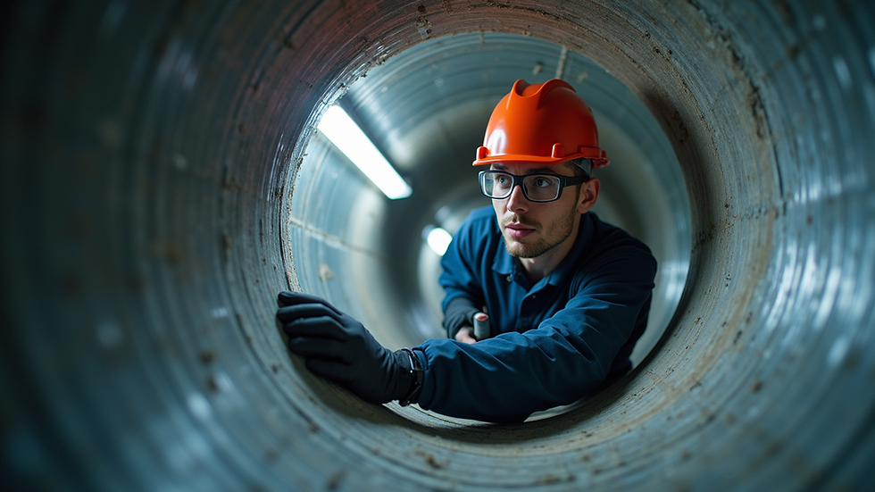 Eye-level view of HVAC technician inspecting air ducts