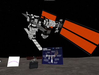 Virtual reality view of the Gateway Lunar Space Station orbiting above the moon's surface, with an informational placard on the ground.