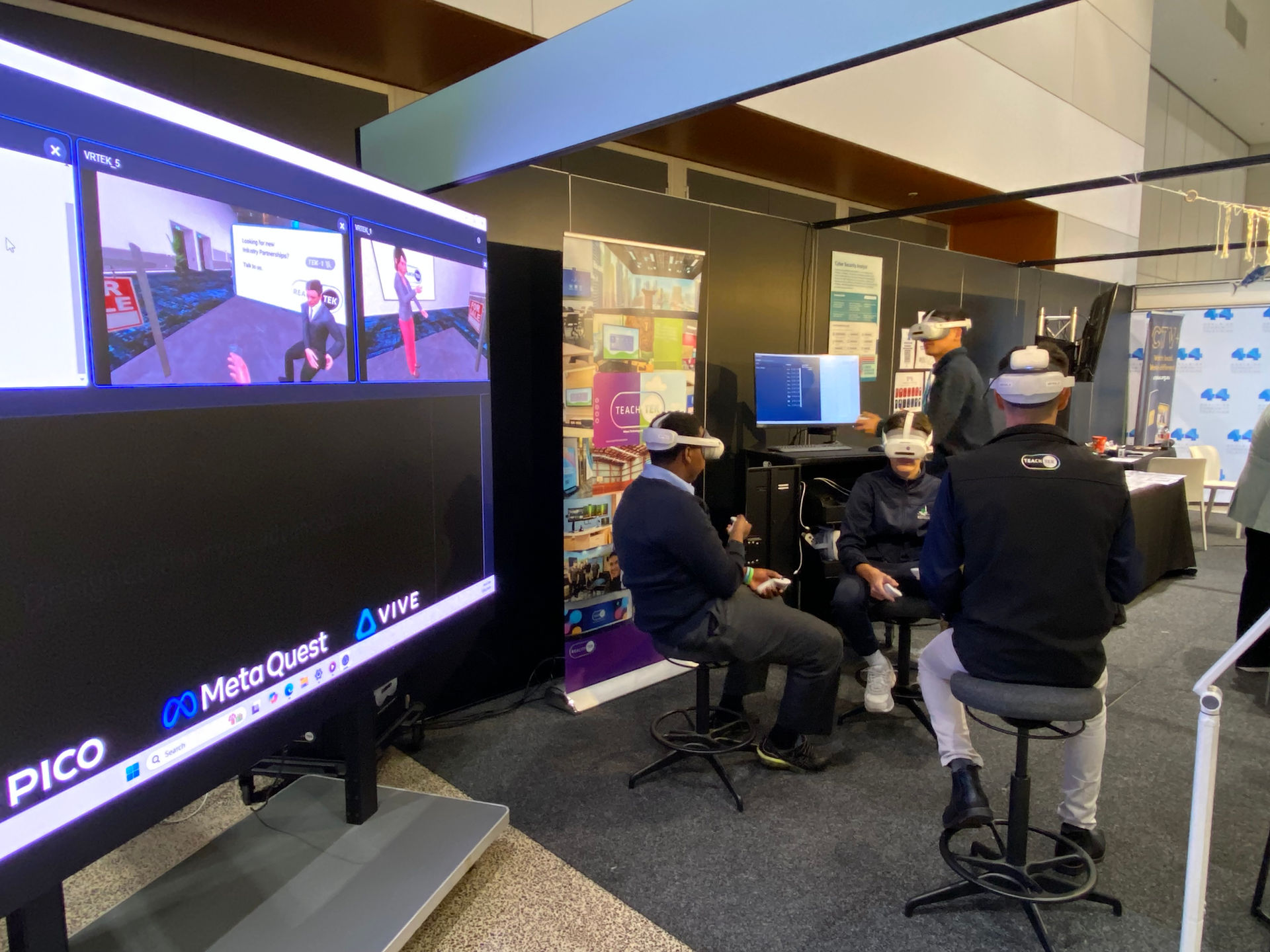 Students using VR headsets for RealityTEK classroom training.