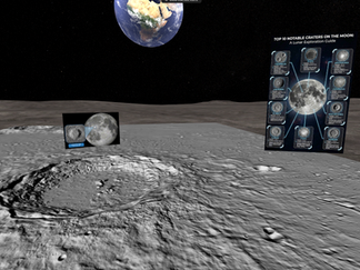 VR scene of the moon's cratered surface with Earth in the sky and a "Top 10 Notable Craters" exploration guide poster.