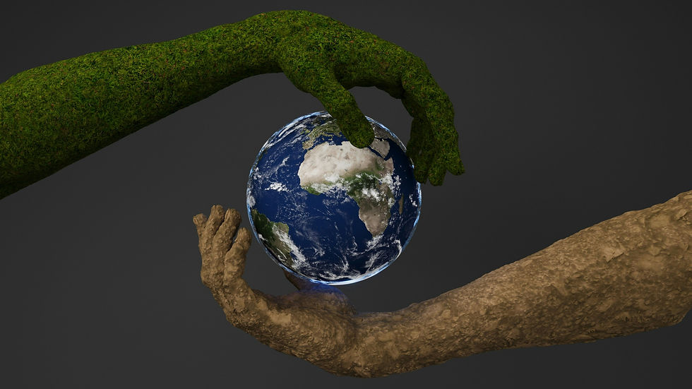 Two hands, one made of green grass and the other of tan dirt, gently cradle the Earth, symbolizing the balance of sustainability between nature and the planet.